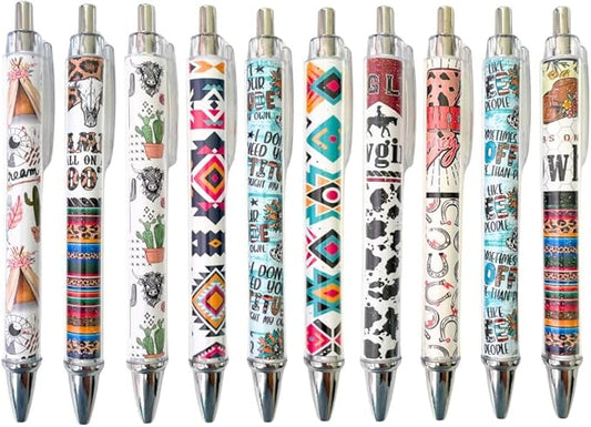 10PC Western Pens Pen Cowboy Cowgirl Highland Cow Cactus Back to School Office Supplies Stuff Items Themed Party Favors Classroom Goodie Bags Decoration Desk Decor Notebooks for Adults Women