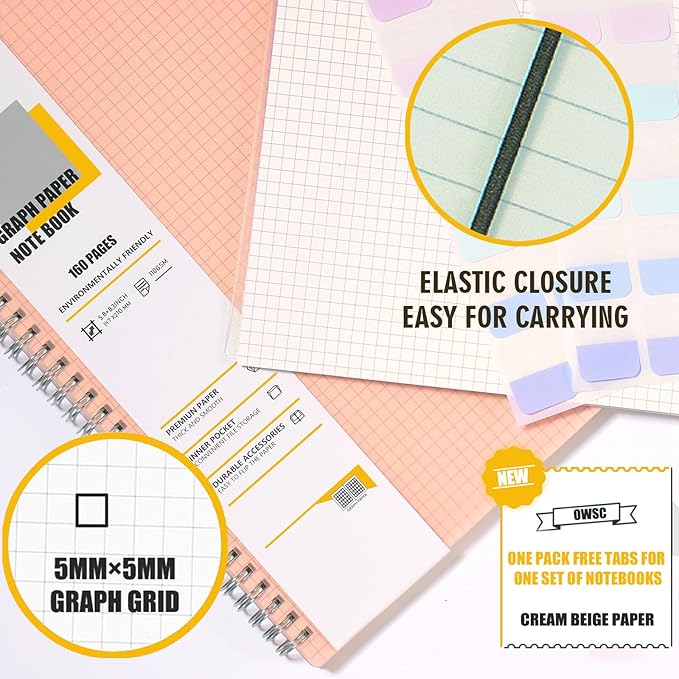 4 Pack Graph Notebook, 5.9 x 8.3 Inches Spiral Notebooks for Work, School and Journal with 110 GSM Graph Paper, Small Notebook with 80 Sheets/160 Pages, Hardcover Grid Paper Notebook