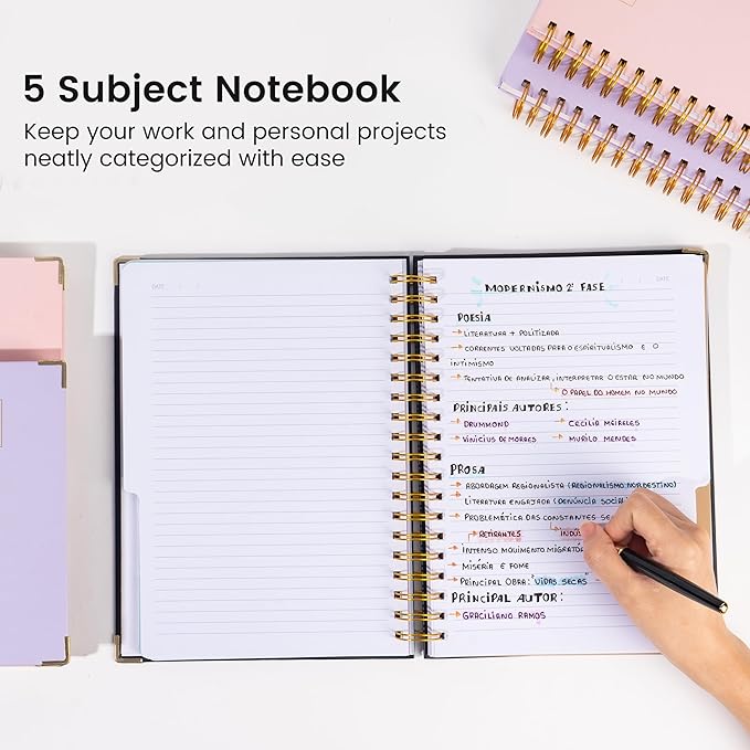 Spiral Notebooks for Work School with Tabs 5.5"x7.5" Small Spiral Journals Notenook for Women with Dividers 220 Pages College Ruled Composition 5 Subject Notebook, Back to School, Black