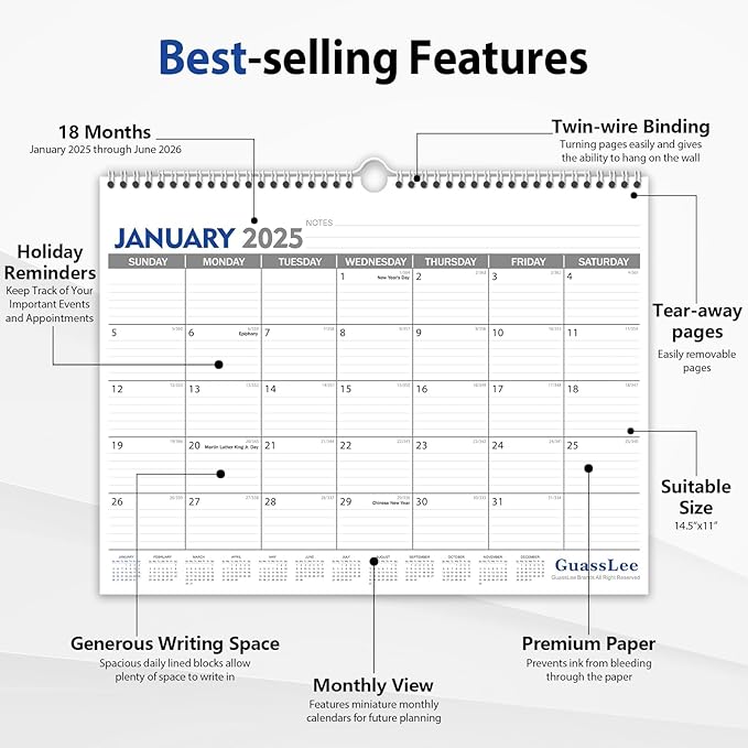 GuassLee 2025 Wall Calendar - 18 Months Hanging Calendar from Jan. 2025 to Jun. 2026, 14.5" x 11", with Notes for Easy Planning School Home Office