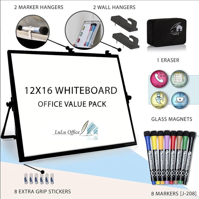 Dry Erase White Board Black Frame for Desk & Wall,12"X16" Large Magnetic Desktop Whiteboard with Stand, 8 Markers, 4 Magnets,1 Eraser, Double-Sided Portable Easel for Office, Students Memo to Do List