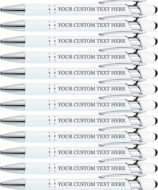 Up to 480 Pcs Personalized Pens in Bulk, Custom Metallic Printed Name Pens with Black Ink, Customized Pens Bulk with Stylus-Great Gift Ideas(White)