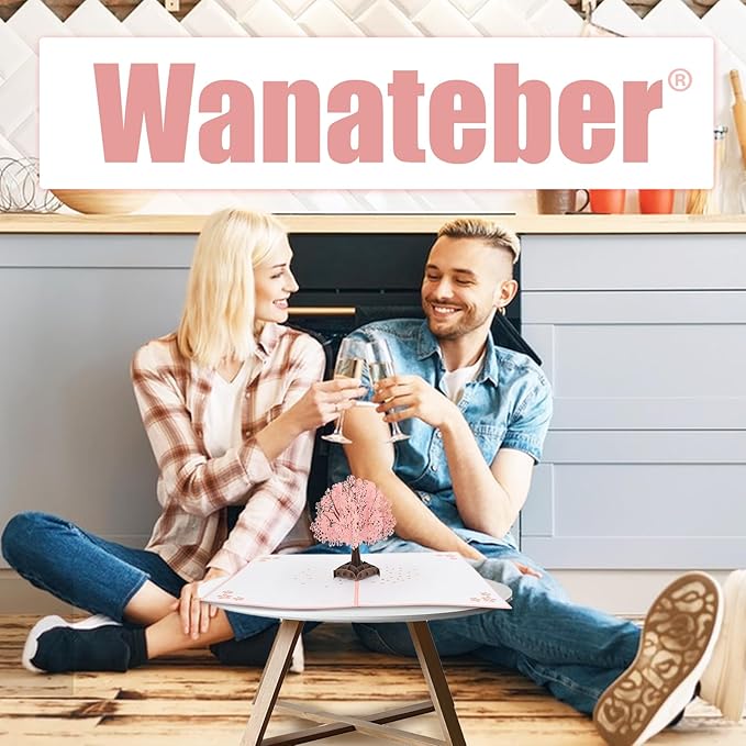 Wanateber 3D Pop Up Aniversary Card with Cherry Tree, Pop Up Lovers Wedding Card, Birthday Cards for Wife, Husband, Lovers, Couple, Romantic Valentines Day Cards, Greeting Cards for Mothers Day