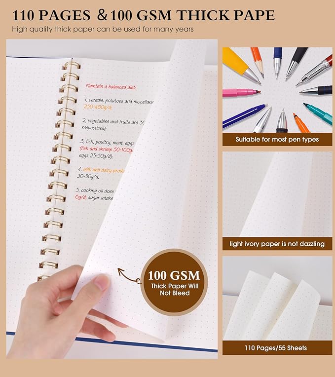 Dotted Notebook, Spiral Notebook Journal 8.5” x 11”, A4 Large Dot Grid Notebooks for Women Men, 100 GSM Dotted Paper, Plastic Hardcover Spiral Bullet Dotted Journals for Work School Sketching, Navy