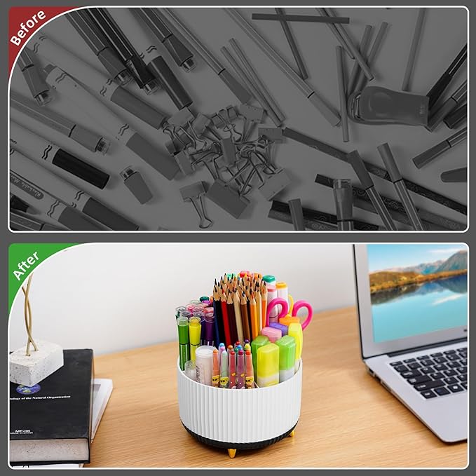 Marbrasse Desk Organizer, 360-Degree Rotating Pen Holder for Desk, Desk Organizers and Accessories with 5 Compartments Pencil Organizer, Art Supply Storage Box Caddy for Office, Home (White+Black)