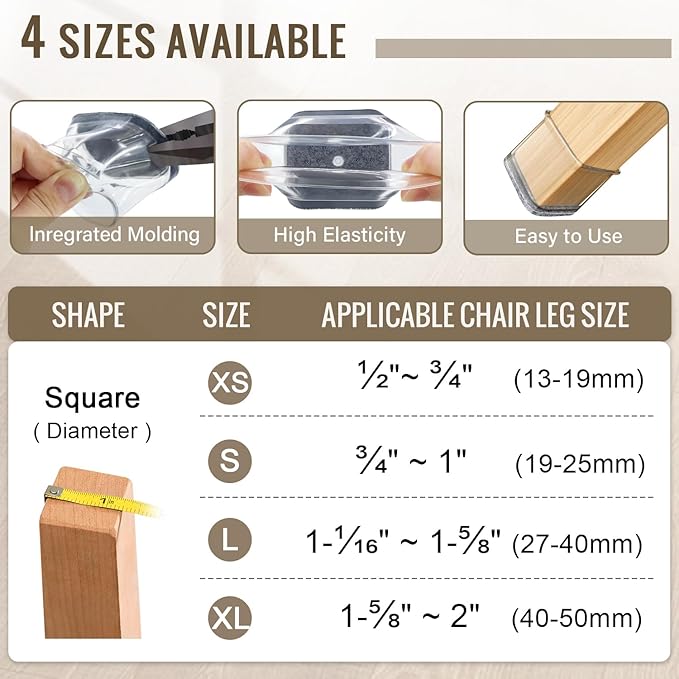 BUMACO Chair Leg Floor Protectors Square Chair Leg Protectors for Hardwood Floors Silicone Pads Covers to Protect Floors(Clear-20 Pcs, Square S (3/4" ~ 1")
