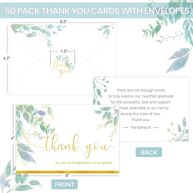 50 Pack Funeral Thank You Cards with Envelopes & Stickers, Watercolor Thank You Sympathy Cards for Funeral with Meaningful Message, Bereavement Card for Memorial Service, Funeral