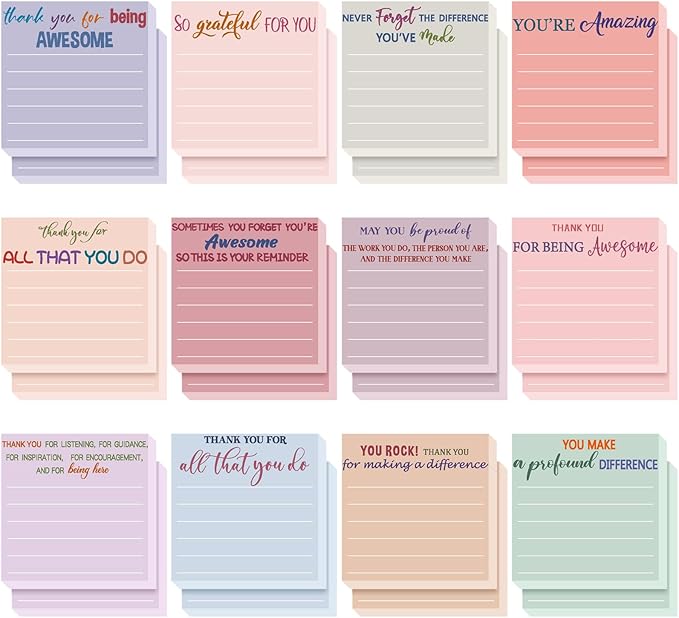 Yinder 24 Pcs Employee Appreciation Sticky Notes Thank You Gifts Bulk Note Pads with Sayings Teacher Gift Mini Pocket Inspirational Notepads for Coworker Office Supply 3 x 3'' (Pastel,Thank)