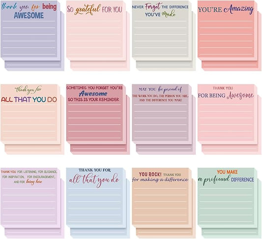 Yinder 24 Pcs Employee Appreciation Sticky Notes Thank You Gifts Bulk Note Pads with Sayings Teacher Gift Mini Pocket Inspirational Notepads for Coworker Office Supply 3 x 3'' (Pastel,Thank)