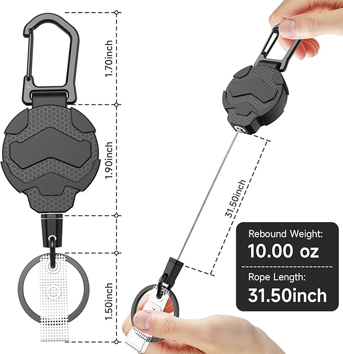 Retractable Keychain Badge Holder with Belt Clip, Heavy Duty Carabiner ID Badge Clip Reel, 32” Steel Retractable Cord, 10 oz Rebound,2pcs Black Keychain