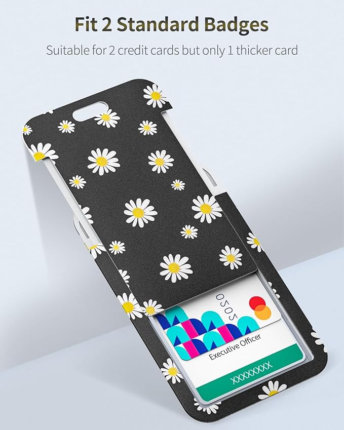 Uniclife Floral Sliding Badge Holder White Flower Plastic Case with Retractable Badge Reel Carabiner Clip & Detachable Lanyard Strap Fashionable Vertical Card Protector for Women Nurse Teacher Student