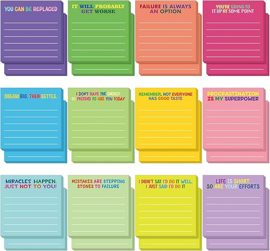 Yinder 24 Pcs Inspirational Sticky Notes with Lines Cute Motivational Sticky Notes Pad Employee Appreciation Gifts Bulk for Teacher Nurse Coworkers Office Supplies 3 x 3''(Bright Color,Demotivation)