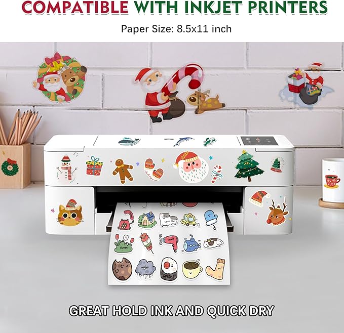 60 Sheets Premium Printable Clear Vinyl Sticker Paper for Inkjet Printer, 8.5x11" Transparently Vinyl Sticker Paper Waterproof, Dries Quickly, Vivid Colors, Tear Resistant, Great for Cutting Machines