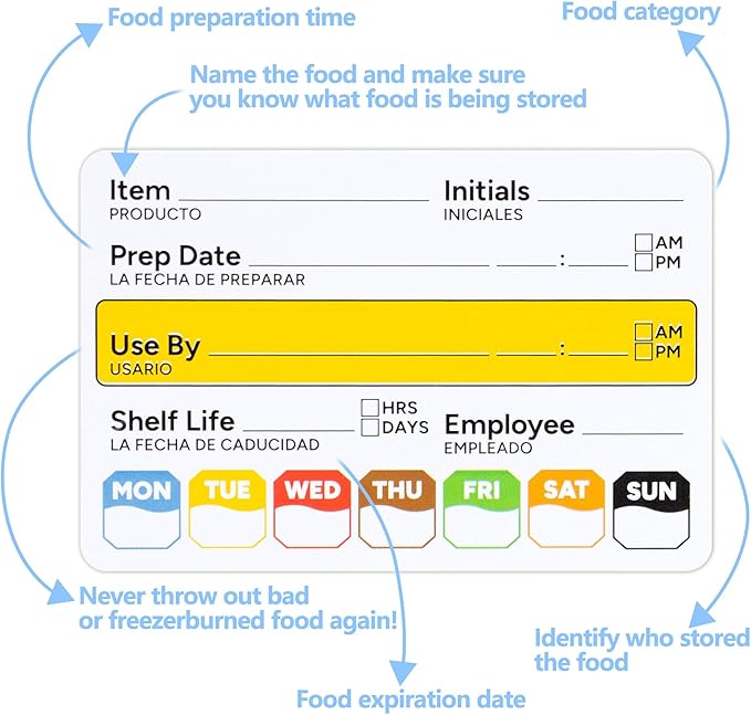 Restaurant Quality Shelf Life Food Rotation Labels, 2” x 3” Self-Adhesive Removable Freezer Food Labels Stickers, Perfect for Reusable Containers, Easy to Remove, Food Safety Date Sticker (8 PCS)