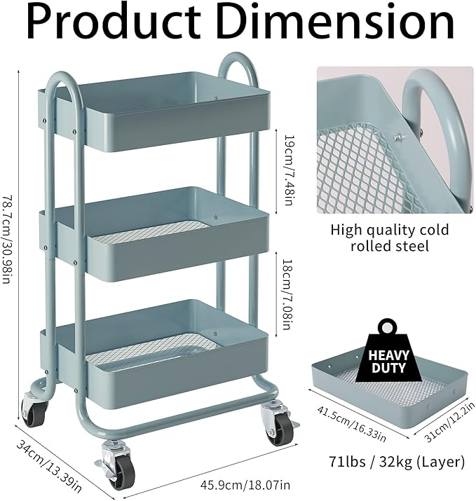 3-Tier Rolling Cart with Wheels,Kitchen Storage Carts or Metal Rolling Utility Cart with Handle,Movable Storage Organizer,Blue Carts for Nursery, Kitchen, Bathroom, Craft Room๏ผ13.4"x18.1"x31"๏ผ