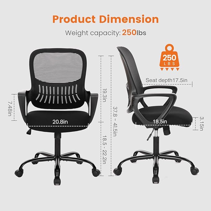Sweetcrispy Office Computer Desk Managerial Executive Chair, Ergonomic Mid-Back Mesh Rolling Work Swivel Chairs with Wheels, Comfortable Lumbar Support, Comfy Arms for Home,Bedroom,Study,Student,Black