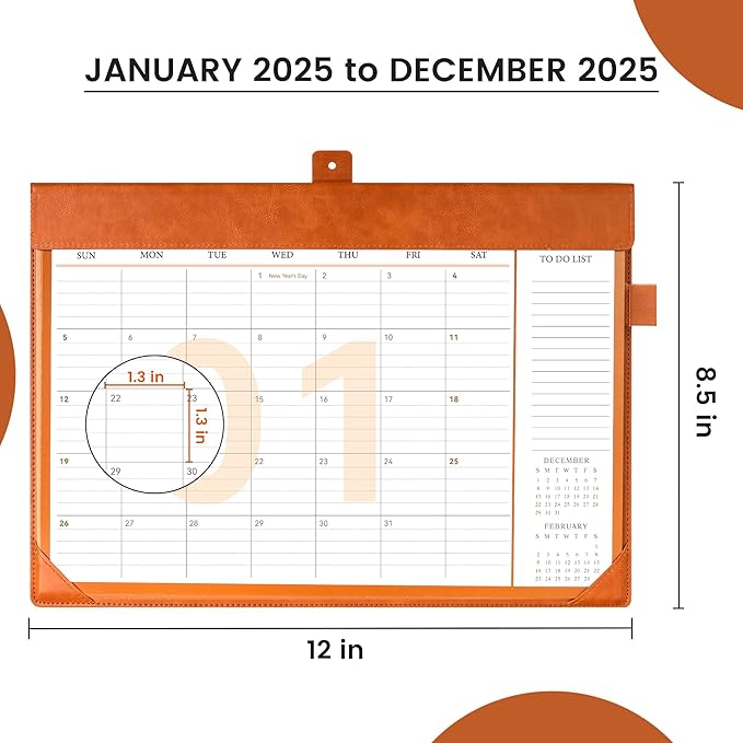 Desk Calendar 2025,12 Month Wall Calendar from Jan 2025-Dec 2025, Small Desk Calendar 12" x 8.5" with To-Do Lists, Leather Desk Pad Calendar with PVC Cover for Home School and Office,Black