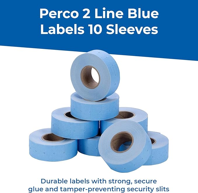 Perco 2 Line Blue Labels - 80 Rolls, 10 Sleeves, 80,000 Blank Price and Date Gun Labels for Perco 2 Line Price and Date Guns - Made in USA