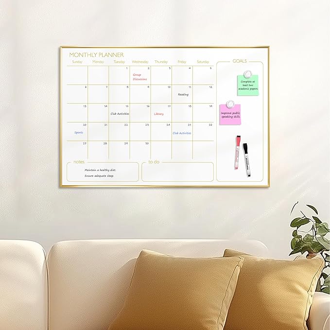 Magnetic Dry Erase Calendar Board for Wall - 36'' x 24'' Monthly Calendar Whiteboard - Gold Aluminum Frame