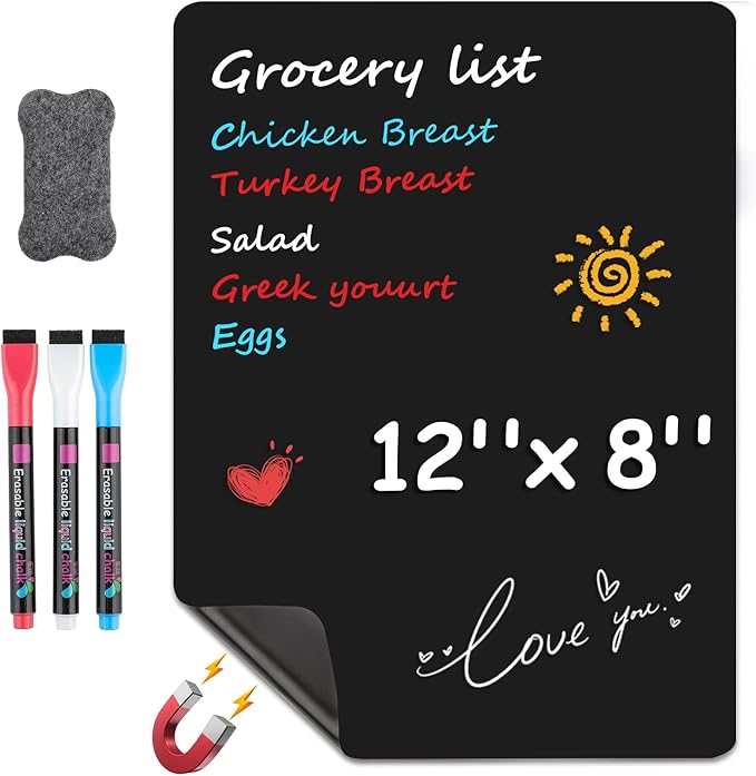 MaxGear Magnetic Black Dry Erase Board Sheet 12"x8" for Refrigerator, Small Fridge Magnetic Whiteboard for Kitchen, Fridge Shopping List for Family Planner and Grocery List, 3 Chalk Markers