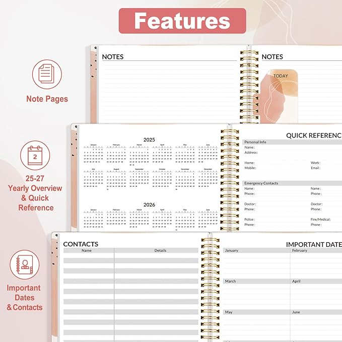 SUNEE 2025 Appointment Book, Quarter-Hourly, Weekly & Monthly - from January 2025 - December 2025, 6.4"x8.3" Weekly Planner, Flexible Cover, Note Pages, Pockets, Bookmark, Spiral Binding, Pink Breeze