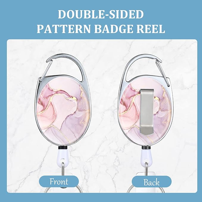 Badge Reels Retractable,Double Sided Color Print Pattern Badge Holders,with Keychain, Clip and Key Ring,Durable Nylon Rope,Pink Marble