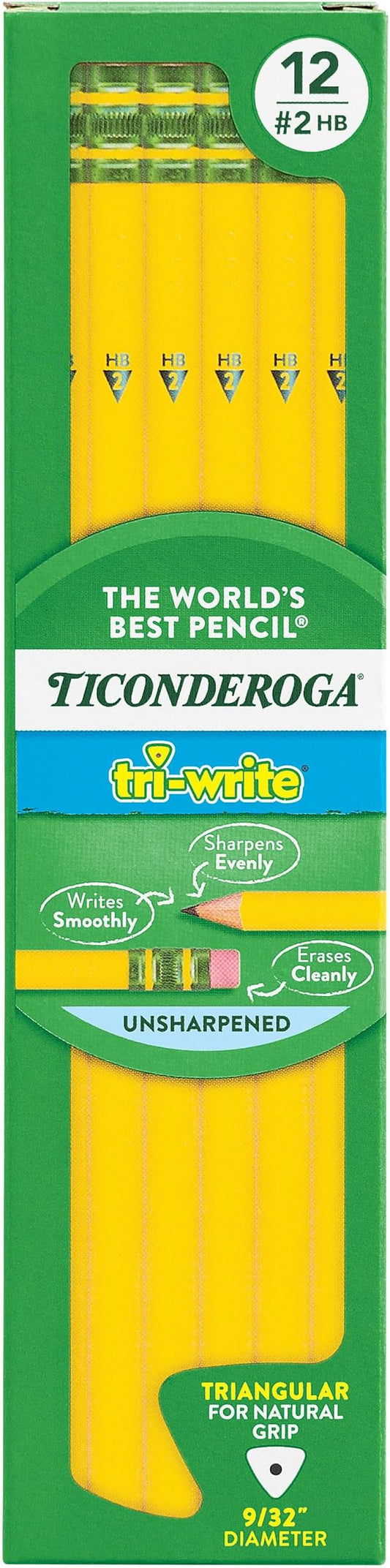 Ticonderoga Tri-Write Wood-Cased Pencils, 2HB Soft, Yellow, 12 Count