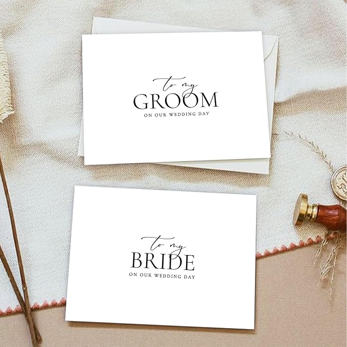 Set of 2 Wedding Cards for Bride and Groom with Matching Envelopes, To My Bride on our Wedding Day Card, To My Groom on our Wedding Day Card.(Groom/Bride A)
