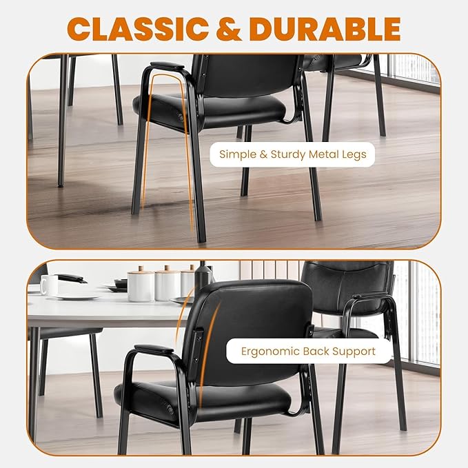 Sweetcrispy Office Reception Guest Chair No Wheels Set of 2, Leather Stationary Waiting Room Chairs with Padded Arms for Elderly Desk Conference Room Lobby Table Side Salon