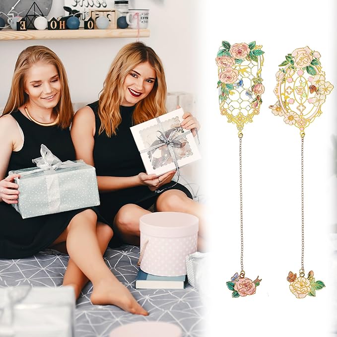 2 Pcs Metal Rose Bookmarks, Beautiful Book Marks for Reading Women Vintage Bookmarks with Metal Chain Pretty Bookmark Gift for Book Lovers Readers Birthday Christmas Gifts(Pink, White Roses)