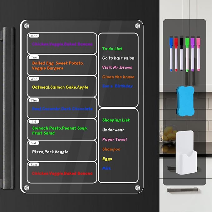 Acrylic Meal Planner Magnetic Menu Board for Kitchen Fridge, Clear Weekly Calendar Planning Board Refrigerator to Do/Grocery/Shopping List/Chore Chart, Magnetic Pen Holder and Eraser, 11.8 x 8’’