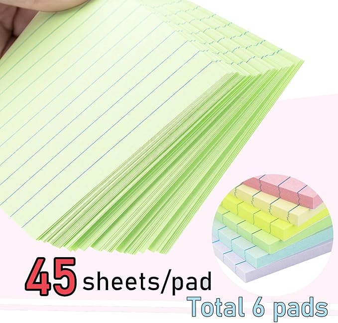 Lined Sticky Notes 4X6 in Pastel Ruled Post Stickies Colorful Super Sticking Memo Pads, 45 Sheets/pad, 6 Pads/Pack