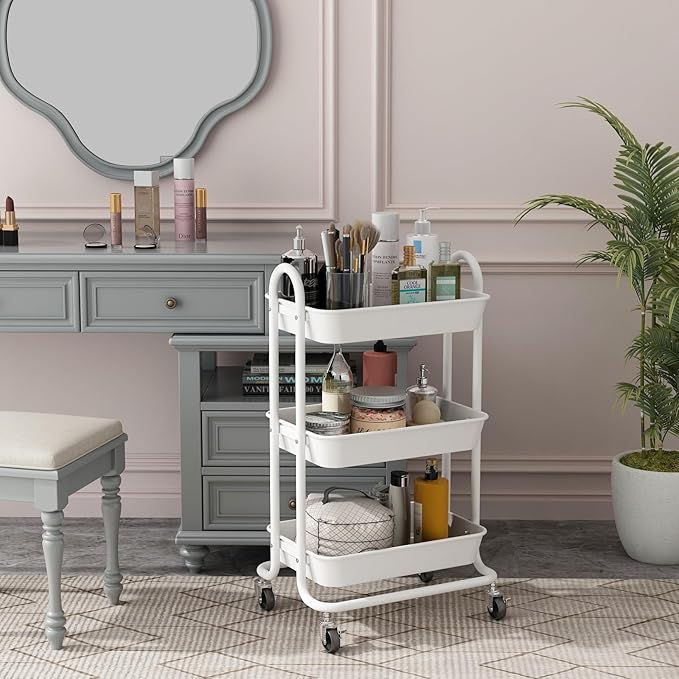 3-Tier White Utility Rolling Cart,Kitchen Storage Carts with Wheels,White Metal Rolling Cart for Office,Home,Kitchen,Garden๏ผ18"x11.4"x31.2"๏ผ
