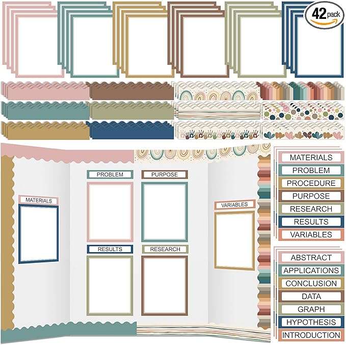90 Pcs Science Fair Board Supplies 60 Trim Scalloped Bulletin Board Borders 24 Presentation Board Subtitles 6 Science Fair Titles for Classroom Display Boards(Boho)