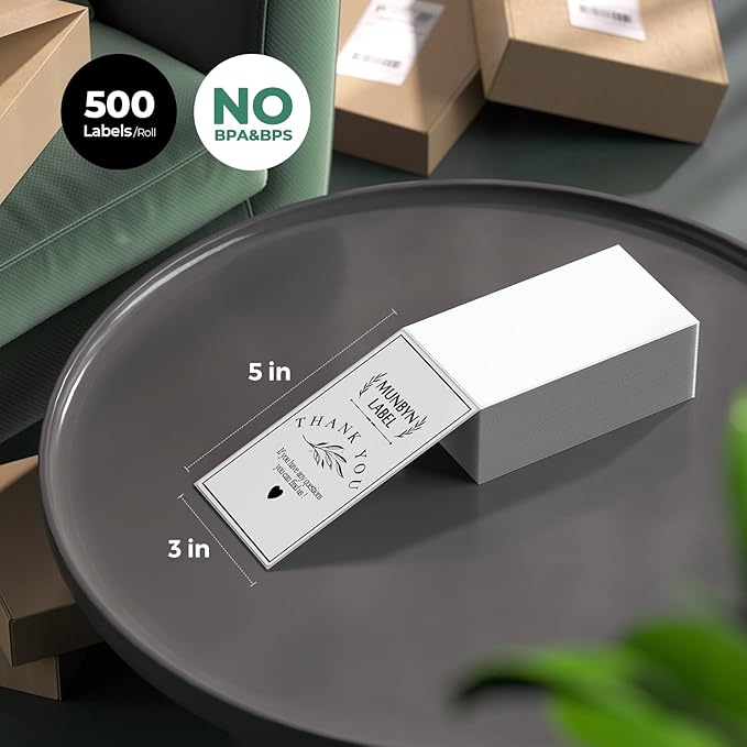 MUNBYN 3x5 Inch Thermal Shipping Labels, Multipurpose Fanfold Thermal Printer Labels for Small Businesses, Shipping Packages, 500 Sheets/1 Roll