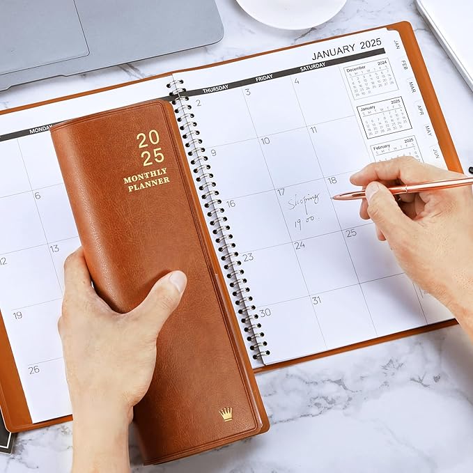 2025 Monthly Planner - 2025 Calendar/Planner 12 Months with Faux Leather, 8.86" x 11.4", Jan.2025 - Dec.2025, 15 Notes Pages, Strong Twin - Wire Binding, Pocket, Monthly Tabs, Perfect Organizer