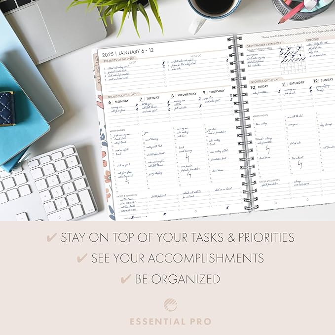 Essential PRO 2025 Daily, Weekly & Monthly Planner, 8.5"x11": 14 Months (Nov 2024 - Dec 2025) Monthly Tabs,Daily Tracking,Notes Pages,Storage Pocket,Bookmark w Sticky Notes (Colorful Botanicals)