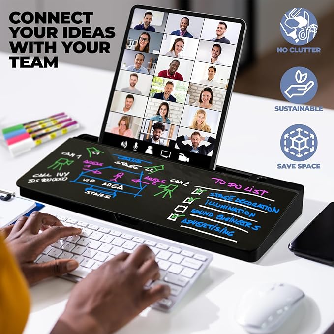 Desktop Dry Erase Board - Glass Erase Board - Black Desk Computer Buddy – Home Office & Studying Essentials - Phone & Tablet Slot, Storage Compartment - Includes 4 Markers, 1 Eraser.