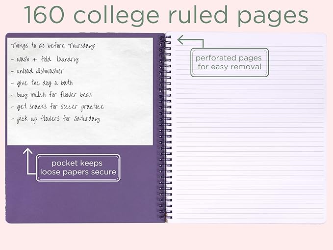 Steel Mill & Co Cute Floral Large Spiral Notebook College Ruled, 11" x 9.5" with Durable Hardcover and 160 Lined Pages, Purple Vine Ditsy