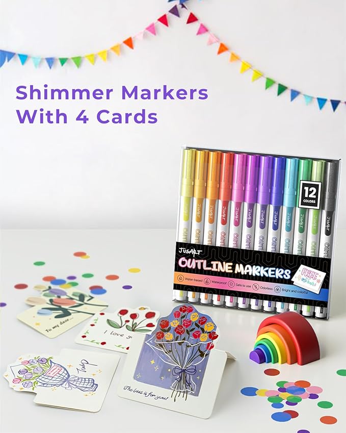 JusArt Outline Markers 12 Colors, Double Line Glitter Markers for Greeting Card Art Crafts, Girls Teens Stocking Stuffers Shimmer Markers, Metallic Sparkle Markers Painting Drawing Supplies