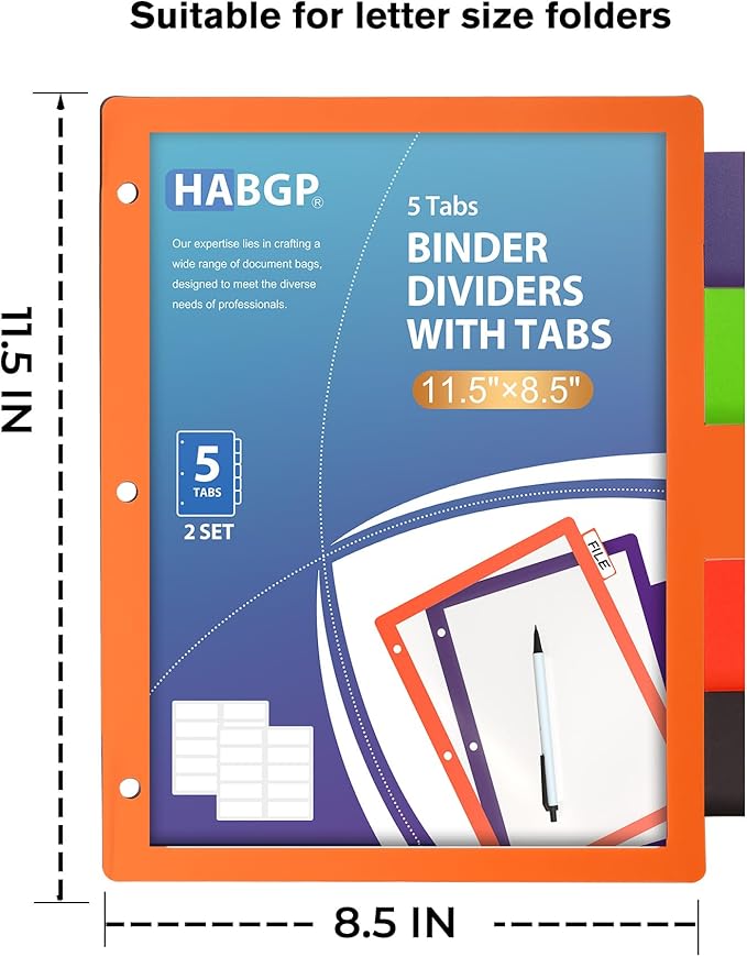 HABGP 10PCS/2 Set 3 Ring Binder Dividers with Tabs, Color Page Dividers for 3 Ring Binder with Tabs, 5 Tab Dividers, Clear Folder Dividers, Three Ring File Dividers with Tabs, Tabbed Index Dividers