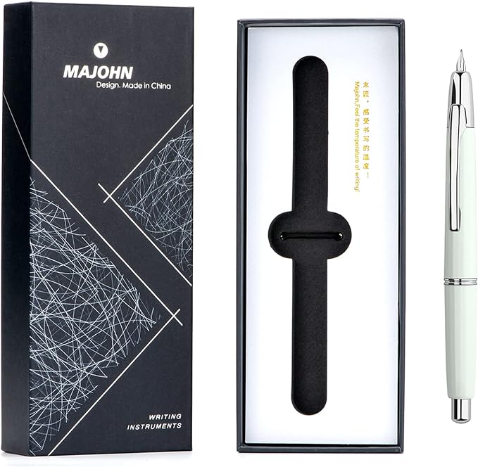 Majohn A2 Press Fountain Pen Extra Fine Nib with Box, Retractable White Resin Ink Pen with Converter Writing Pen Set (Silver Clip Version)