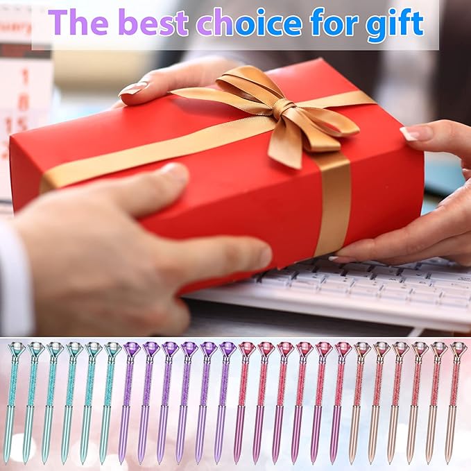 24 Pieces Big Crystal Diamond Pens Bling Ballpoint Pen Black Ink Rhinestones Pen for School Office Supplies Christmas Wedding Birthday Present, 4 Colors(Glitter Style)