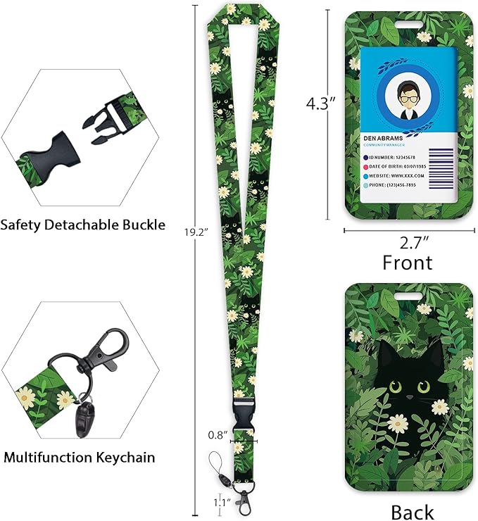 Giancomics Lanyards for Id Badges, Black Cat ID Badge Holder with Lanyard Badge Reel Retractable, Plant Lanyard with ID Holder Keychain Clip Name Tag Cute ID Card Holder for Teacher Women Work Office
