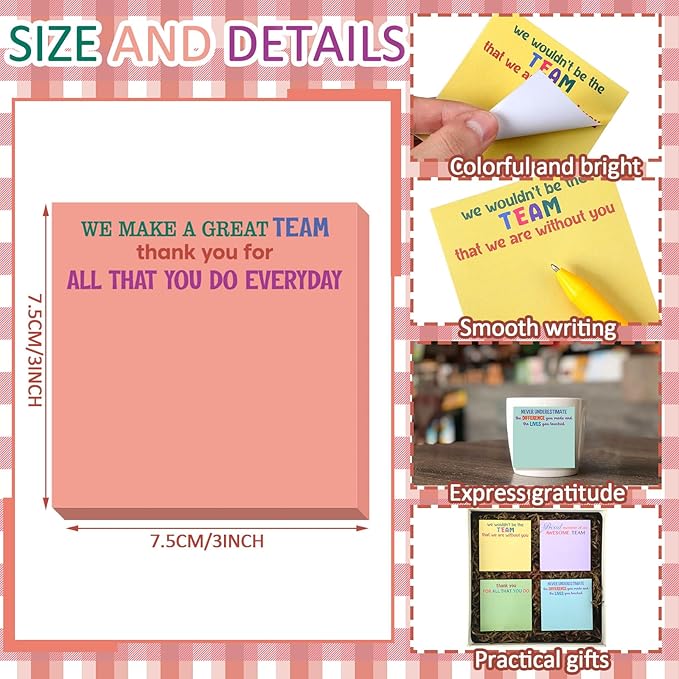 Yinder 24 Pcs Team Sticky Notes Team Appreciation Gifts Bulk Employee Coworker Inspirational Sticky Notes Pad Appreciation Gifts for Teacher Nurse Office Supplies 3 x 3''(Elegant Color,Appreciation)