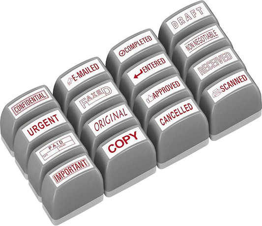 Crtiin 16 Pcs Office Stamp Set Message Self Inking Rubber Stamp Set for Office Stamps Completed Faxed Scanned Stamps for Message Supplies(Red, Grey)