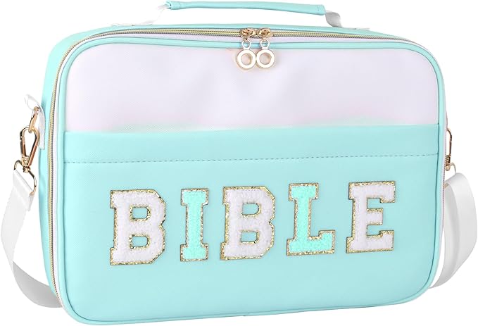 WOBANGEM Bible Cover Case for Women,Large Leather Bible Cases Christian Gifts for Women Men Girls,Preppy Chenille Letter Bible Bag with Shoulder Strap,Green Bible Purse Bible Carrying Case for Women