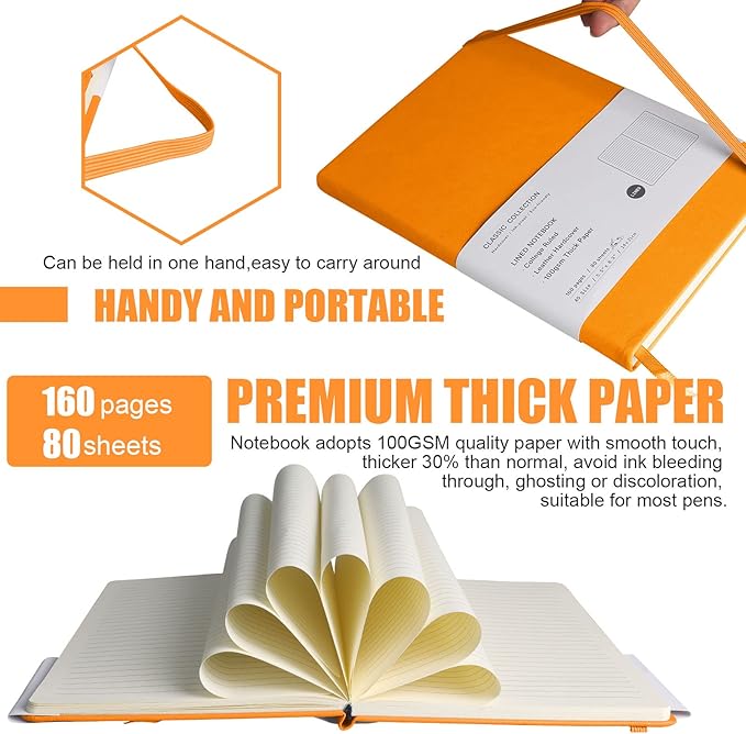 Lined Journal Notebook, 10Pack(Orange), 160 Pages, Medium 5.7 inches x 8 inches - 100 gsm Thick Paper, Hardcover