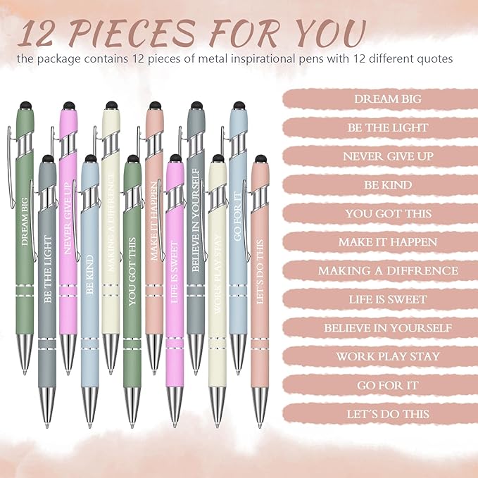 Zonon 12 Pieces Inspirational Pens Bulk Easter Basket Stuffers Motivational Quotes Ballpoint Pens with Stylus Tip Inspirational Gifts for School Office Teachers(Morandi,Motivational Style)