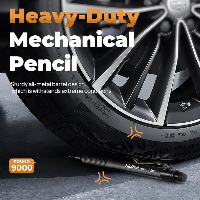 Nicpro 1.3 mm Mechanical Pencils Set with Case,Thick Mechanical Pencil with 24 Lead Refill, Erasers, Weatherproof Metal HD1000 Heavy Duty Carpenter Pencil for Outdoor Marking Drafting Drawing